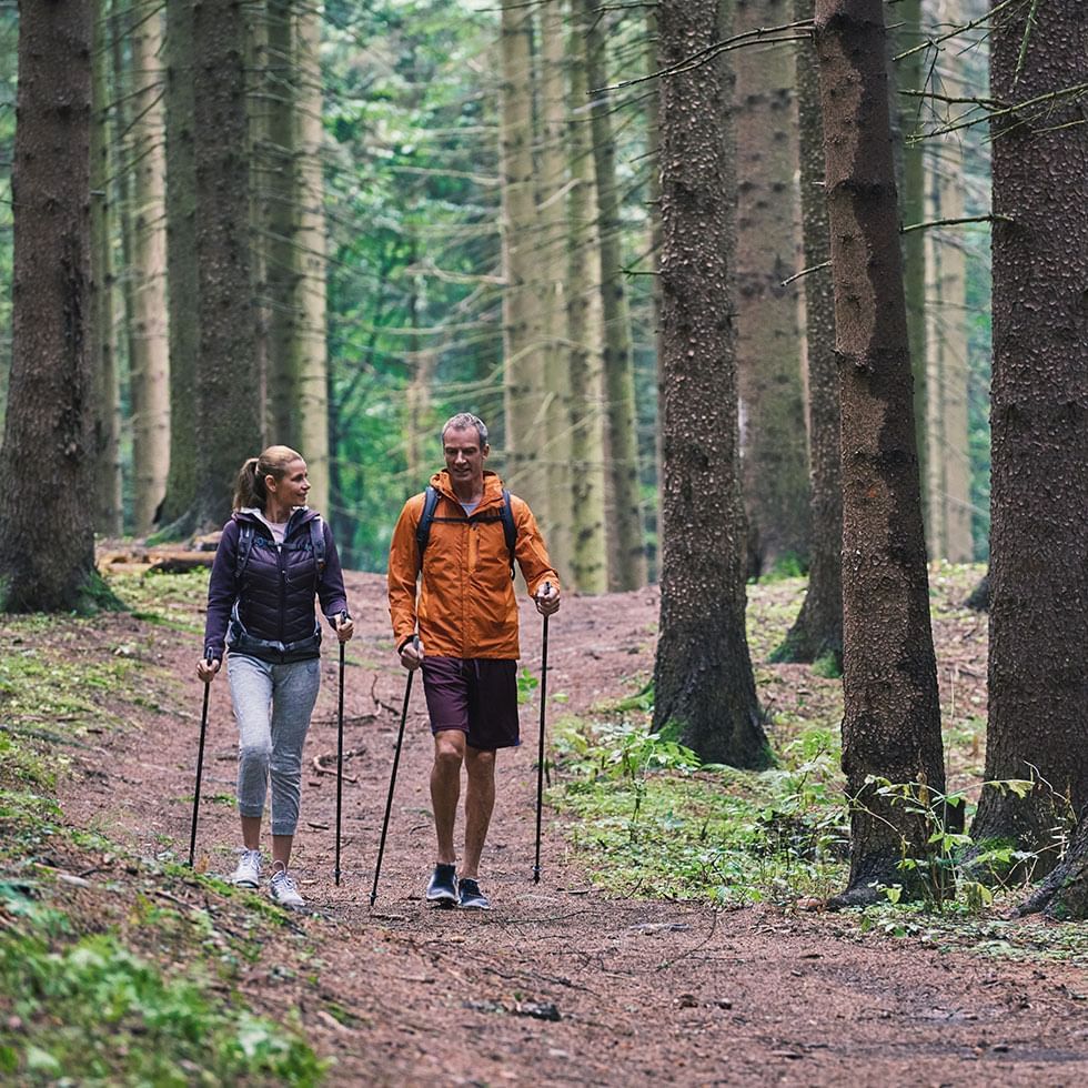 Couple walking in the forest near Falkensteiner Hotels