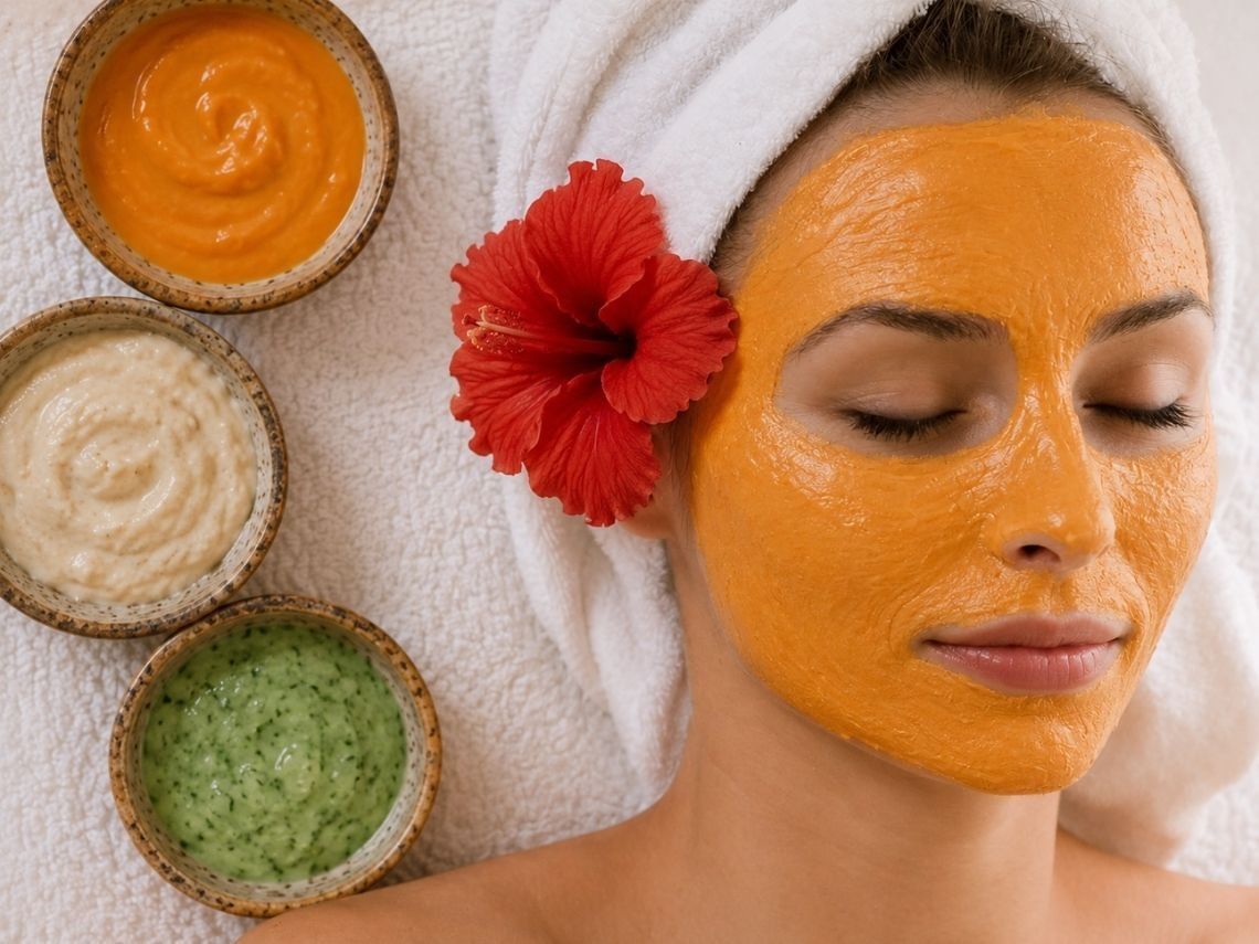 Woman with orange facial mask relaxing beside colorful spa treatment bowls and red hibiscus flower on white towel.