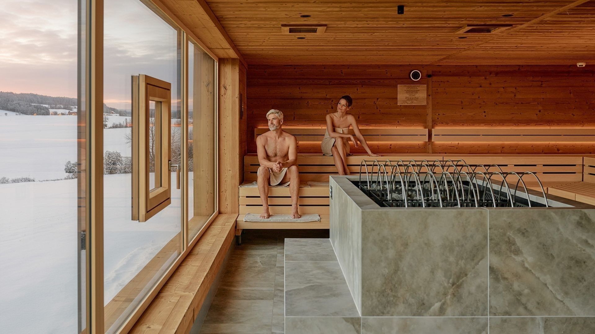 Sauna moderna con due persone rilassate, vista panoramica su paesaggio innevato.