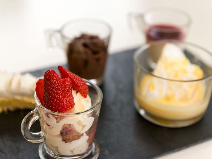 Closeup of dessert cups at Hotel la belle etape