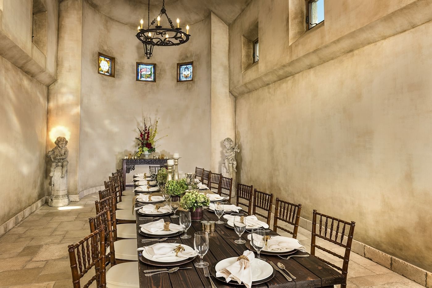 Lorem ipsum Private dining room area with a long wooden table set for dining