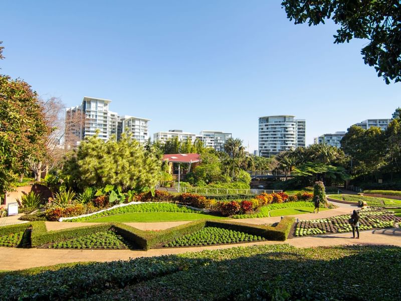 Lush Roma Street Parklands with manicured gardens near Sofitel Brisbane Central