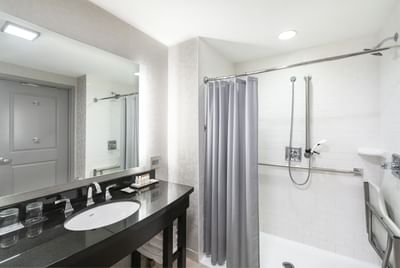 bathroom with accessible shower and vanity