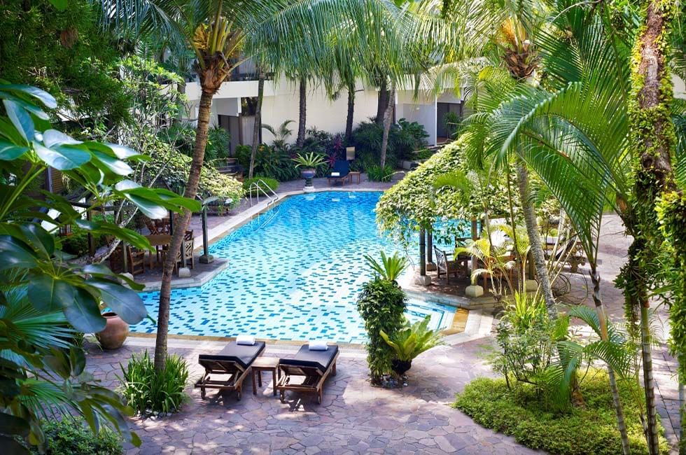 High angle view of the outdoor pool area at Goodwood Park Hotel