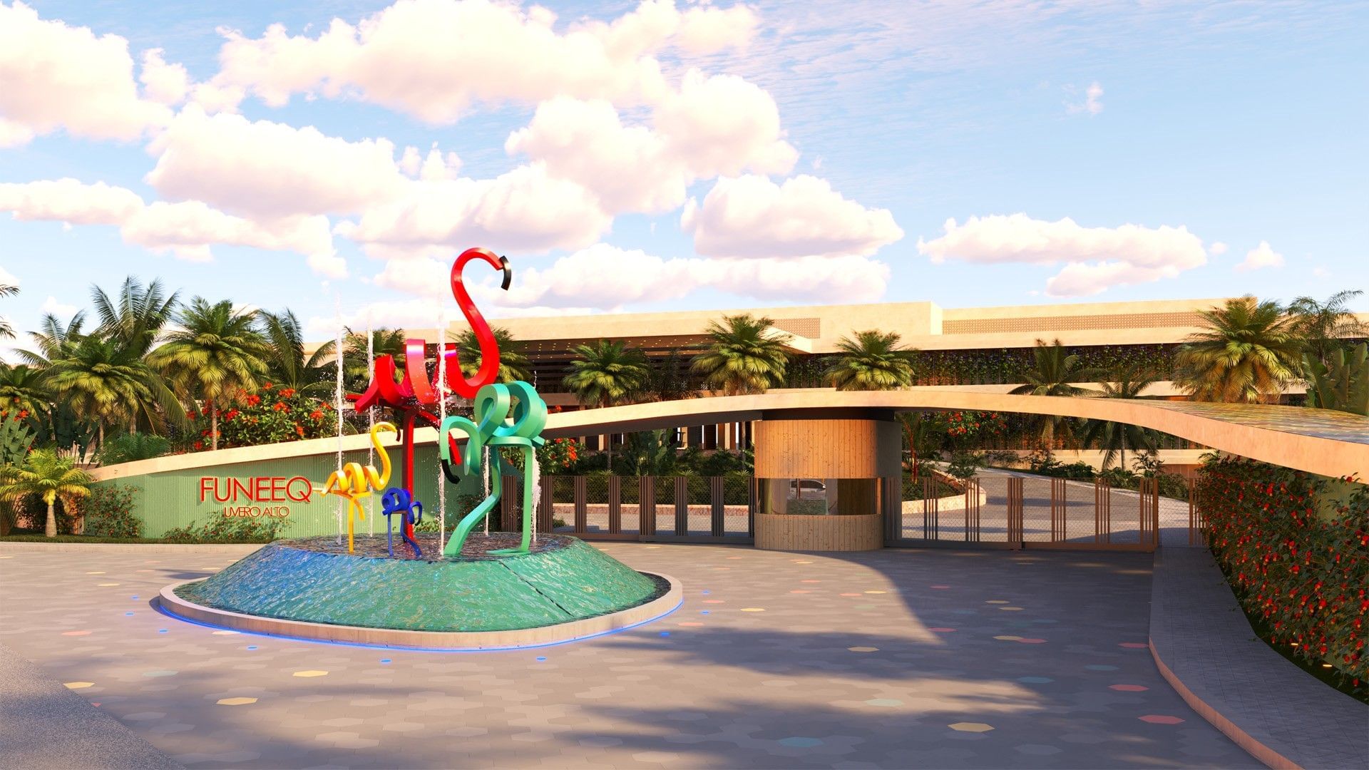Modern entrance to Fiesta Americana Funeeq Punta Cana with a flamingo fountain sculpture and grand gated arch on a sunny day