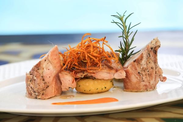 Closeup on a dish served in a restaurant at Kigali Serena Hotel