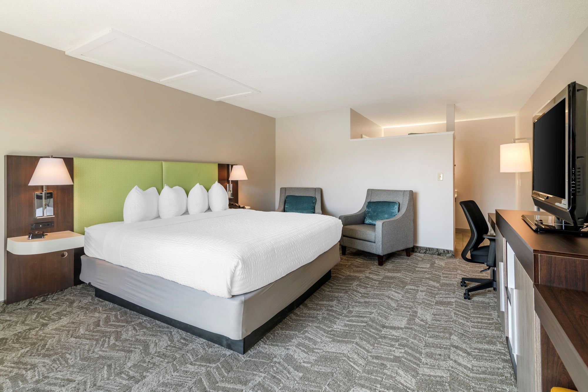 A hotel room with a large bed, two chairs, a desk, and a television.