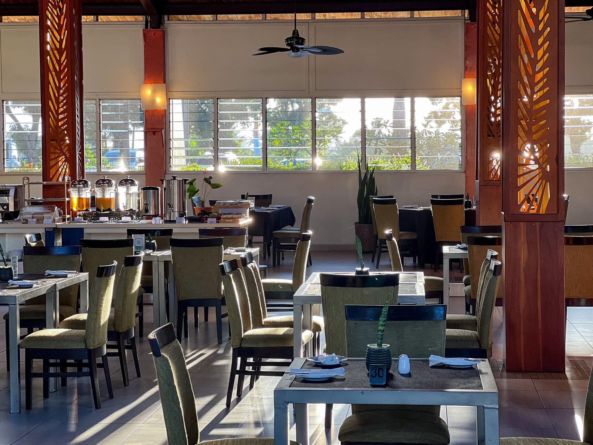 Professional dining area with a breakfast buffet and coffee station at TokaToka Resort Nadi Fiji