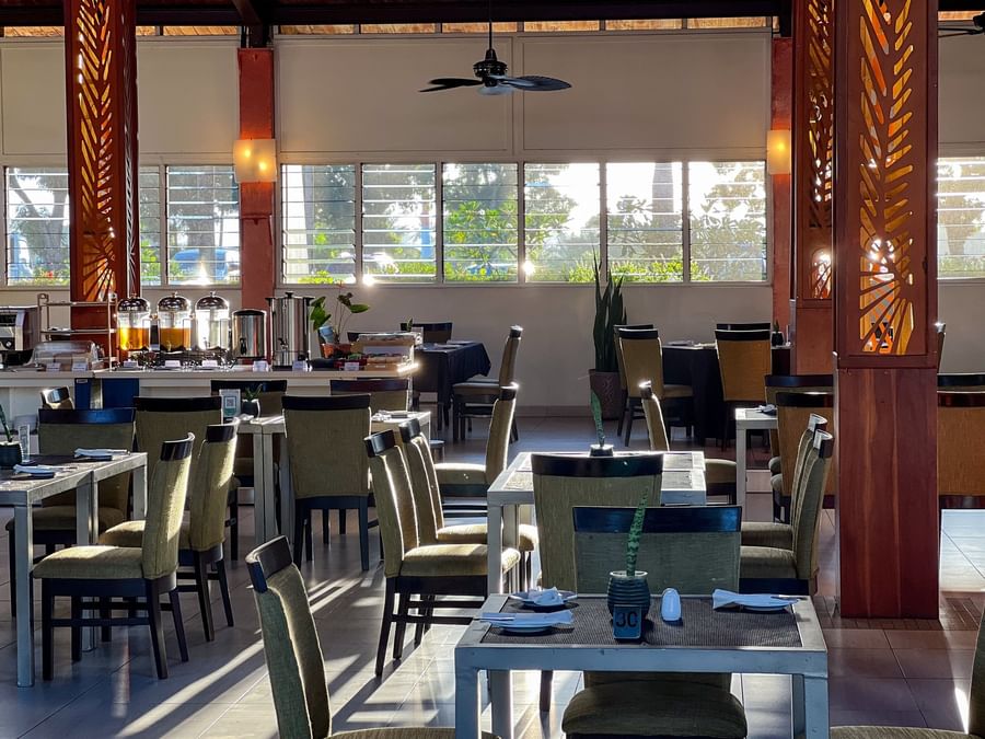 Professional dining area with a breakfast buffet and coffee station at TokaToka Resort Nadi Fiji