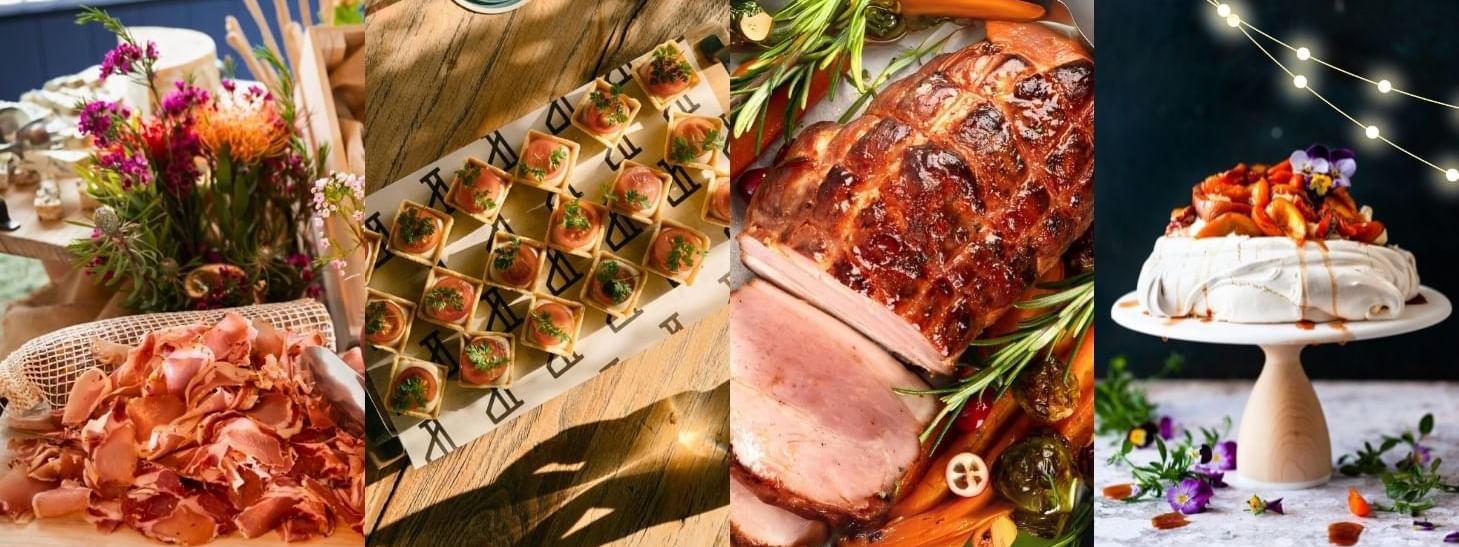 A collage of images featuring a platter of appetizers, a sliced ham dish, and a pavlova