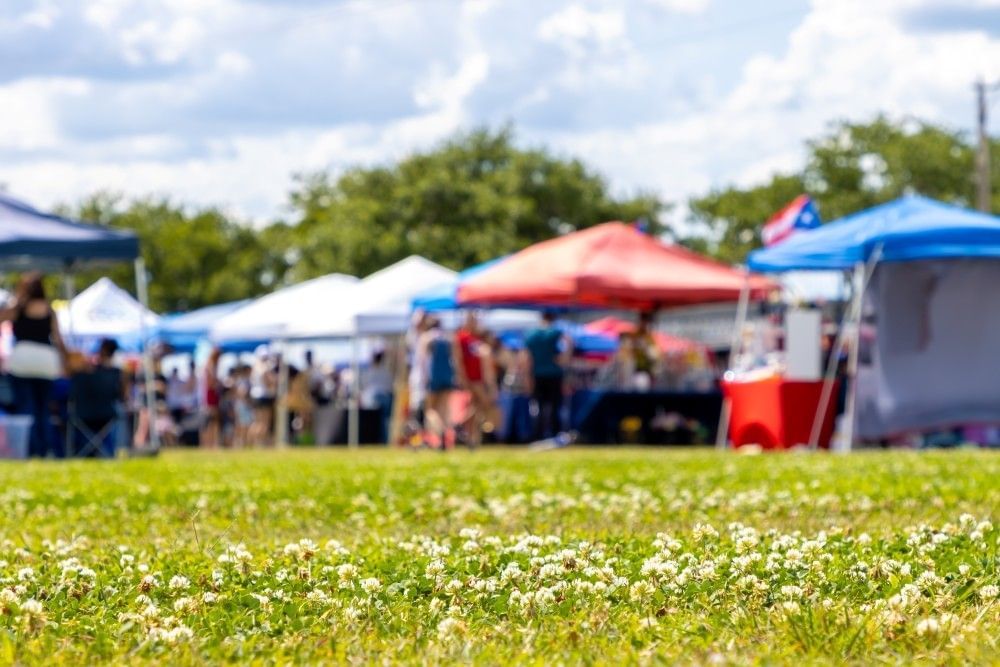 A close-up of a grassy lawn with out-of-focus festival tents in the distance. 