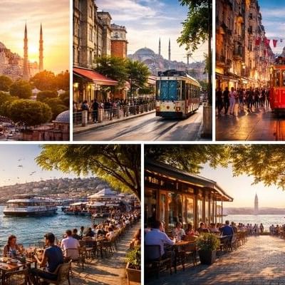Collage of Istanbul sights including the Blue Mosque, tram, and waterfront cafes for first-time visitors.