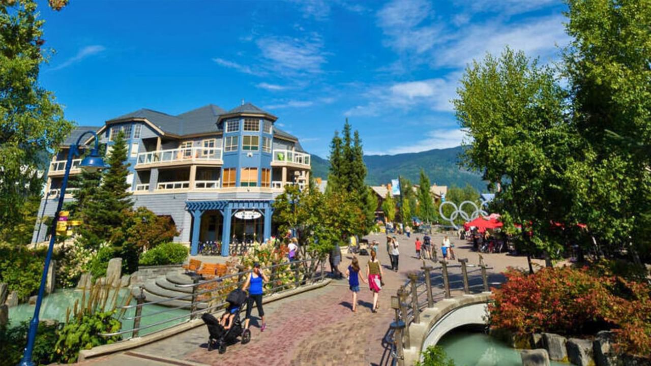 People strolling through Whistler Village on a sunny day, with boutique buildings, greenery and mountain views in the background.