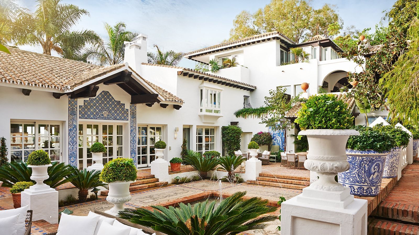 Exterior view of the Marbella Club hotel with the courtyard