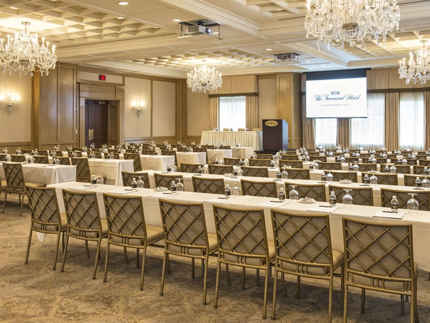 long tables in a hotel ballroom