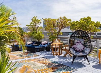 Sunny rooftop deck at Riviera Hotel South Beach with stylish egg chairs, blue loungers, and vibrant patterned carpets