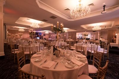 Banquet room set for event.