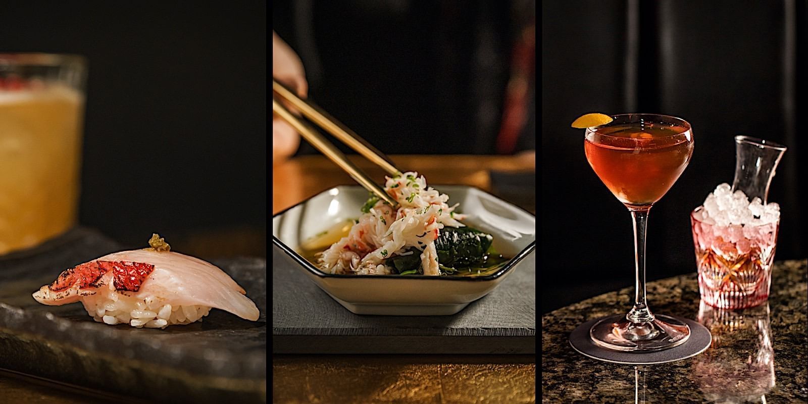 A collage of three photos, one with sushi, one with a bowl of food and chopsticks, and one with a cocktail and a side of ice