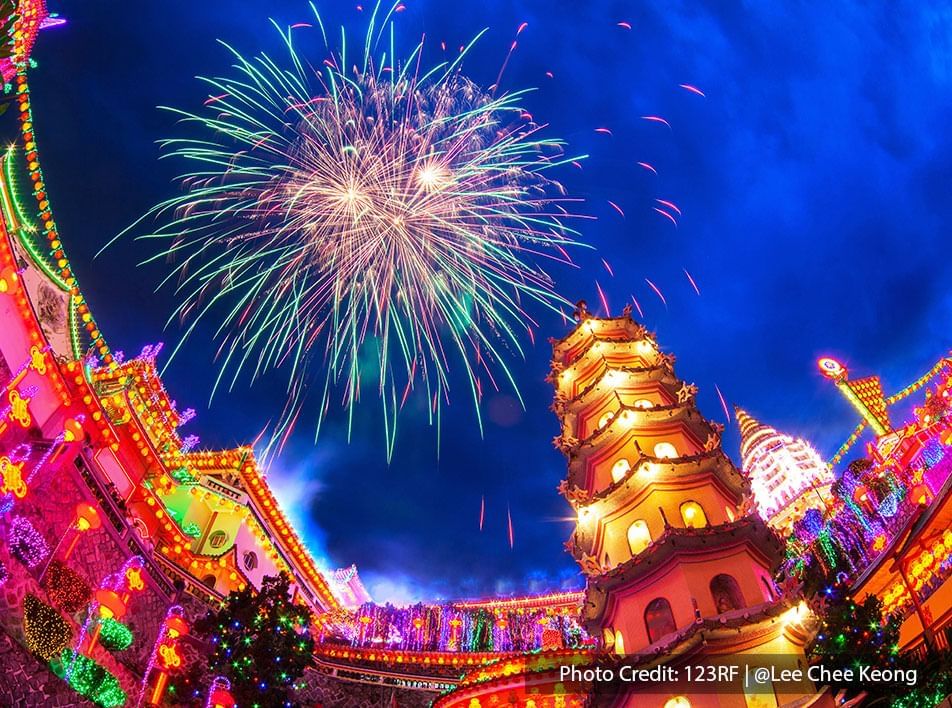 A festive celebration in Chinese temple with fireworks