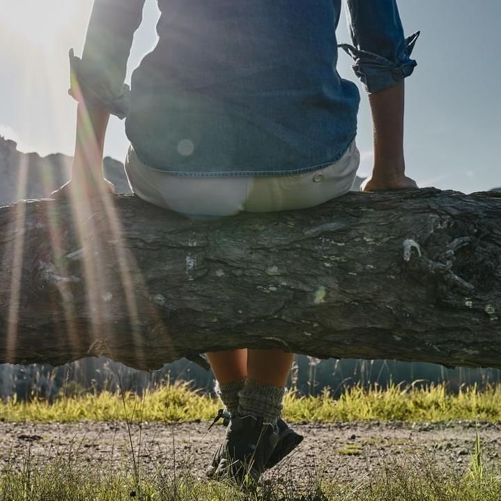 A person sits on a fallen tree with mountains in the background under a bright sun.
