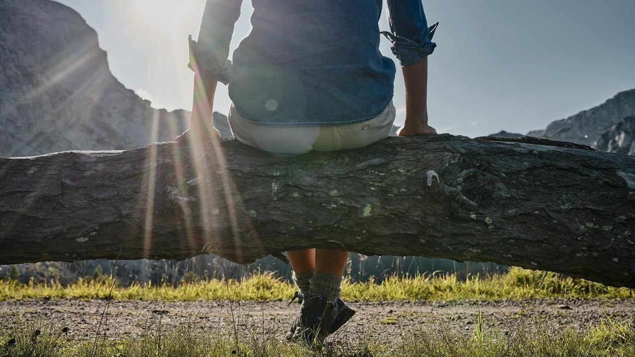 Persona seduta su un tronco con sole e montagne sullo sfondo.