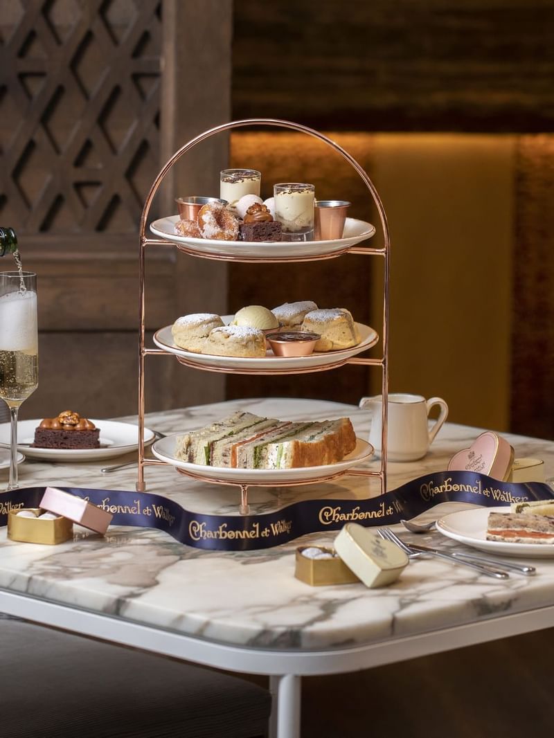 Closeup on high tea items at The May Fair Hotel London