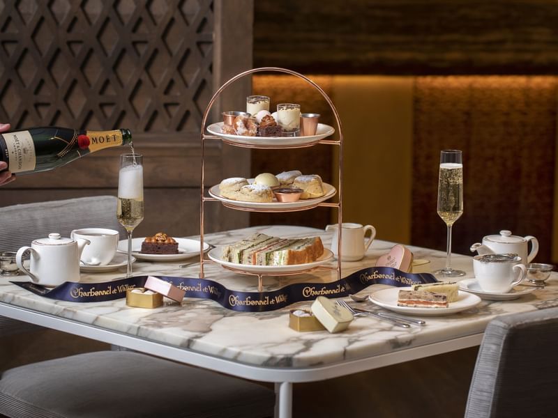 Closeup on high tea items at The May Fair Hotel London