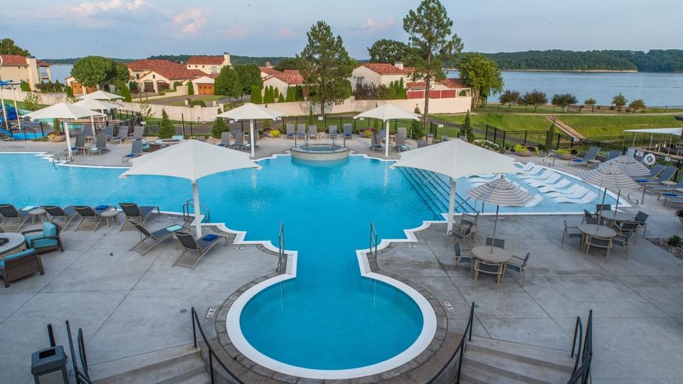 Distant view of the outdoor pool area at Shangri-La Monkey Island