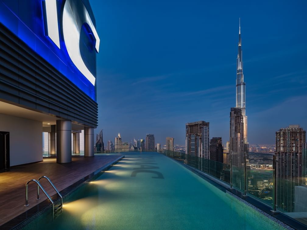 Pool on Malibu Sky Lounge & Bar and a city skyline from Paramount Hotel Midtown