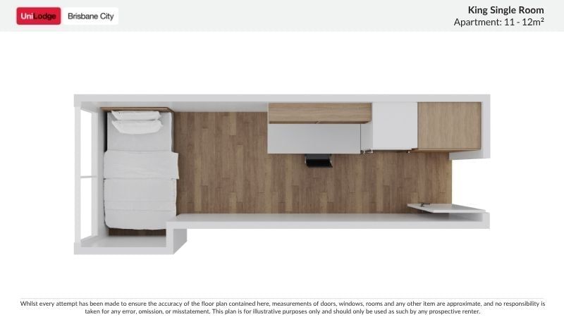 UniLodge Brisbane City floor plan of a king single room apartment 11-12m2.