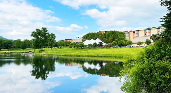 Exterior of the hotel from lake side at Honor’s Haven Retreat