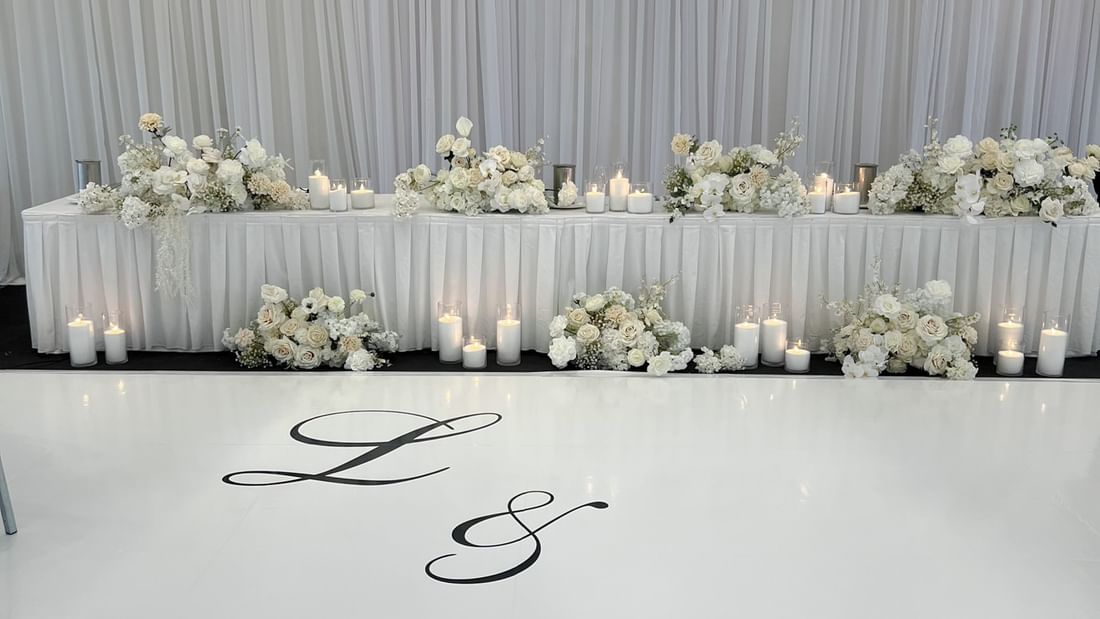 Wedding reception, all white mercure kooindah waters with dance floor