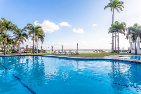 Outdoor swimming pool with pool beds at Cardoso Hotel