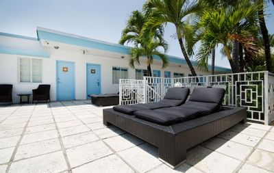 Closeup of sun loungers on the terrace at Aqua Hotel