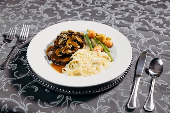 A plate of Spaghetti with Madeira sauce served, Araiza San Luis