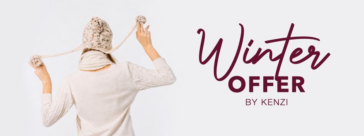 A woman in winter attire pulling on her hat, advertising winter offer by Kenzi.