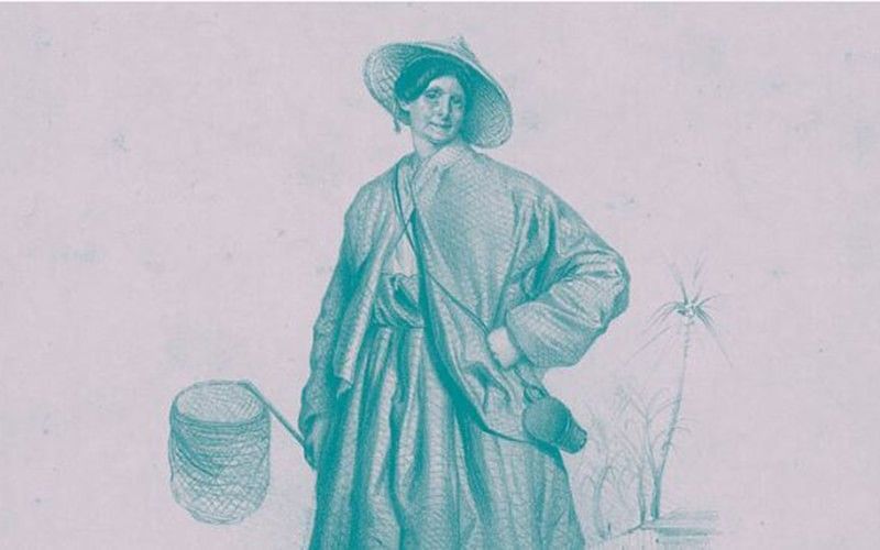 Historische Illustration einer Frau in traditioneller Kleidung mit Hut und Korb, dargestellt in einer grafischen, pastellfarbenen Darstellung.