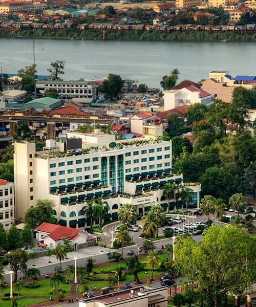 Aerial view of Sunway Hotel Phnom Penh, car park & city