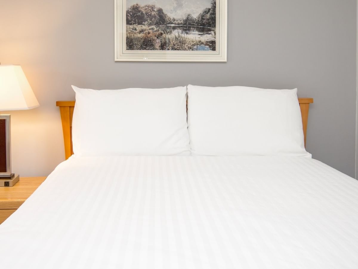 A bedroom with a bed, two pillows, a nightstand with a lamp, and a framed painting on the wall.