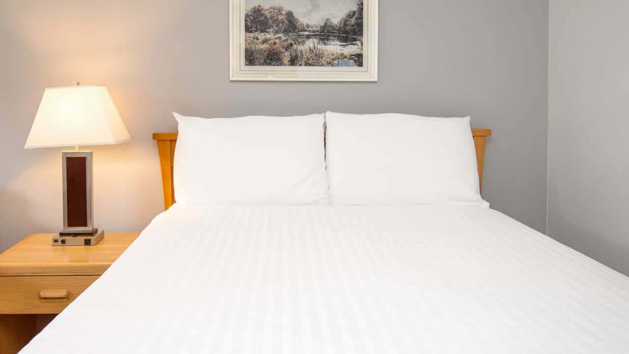 A bedroom with a bed, two pillows, a nightstand with a lamp, and a framed painting on the wall.