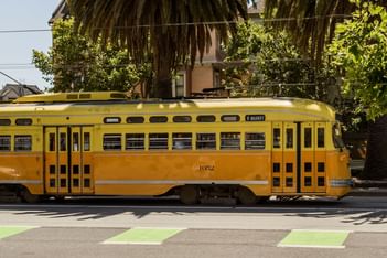Close-up of a trolley on Market Street near Beck's Hotel SF