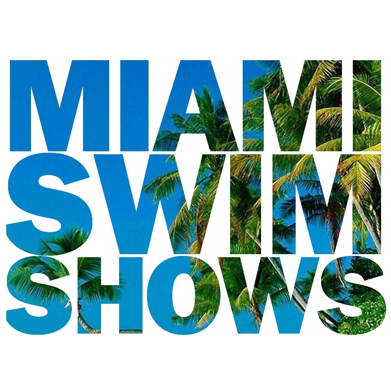 Graphic spelling MIAMI SWIM SHOWS superimposed over bright blue sky and green palm fronds near Tradewinds Apartment Hotel