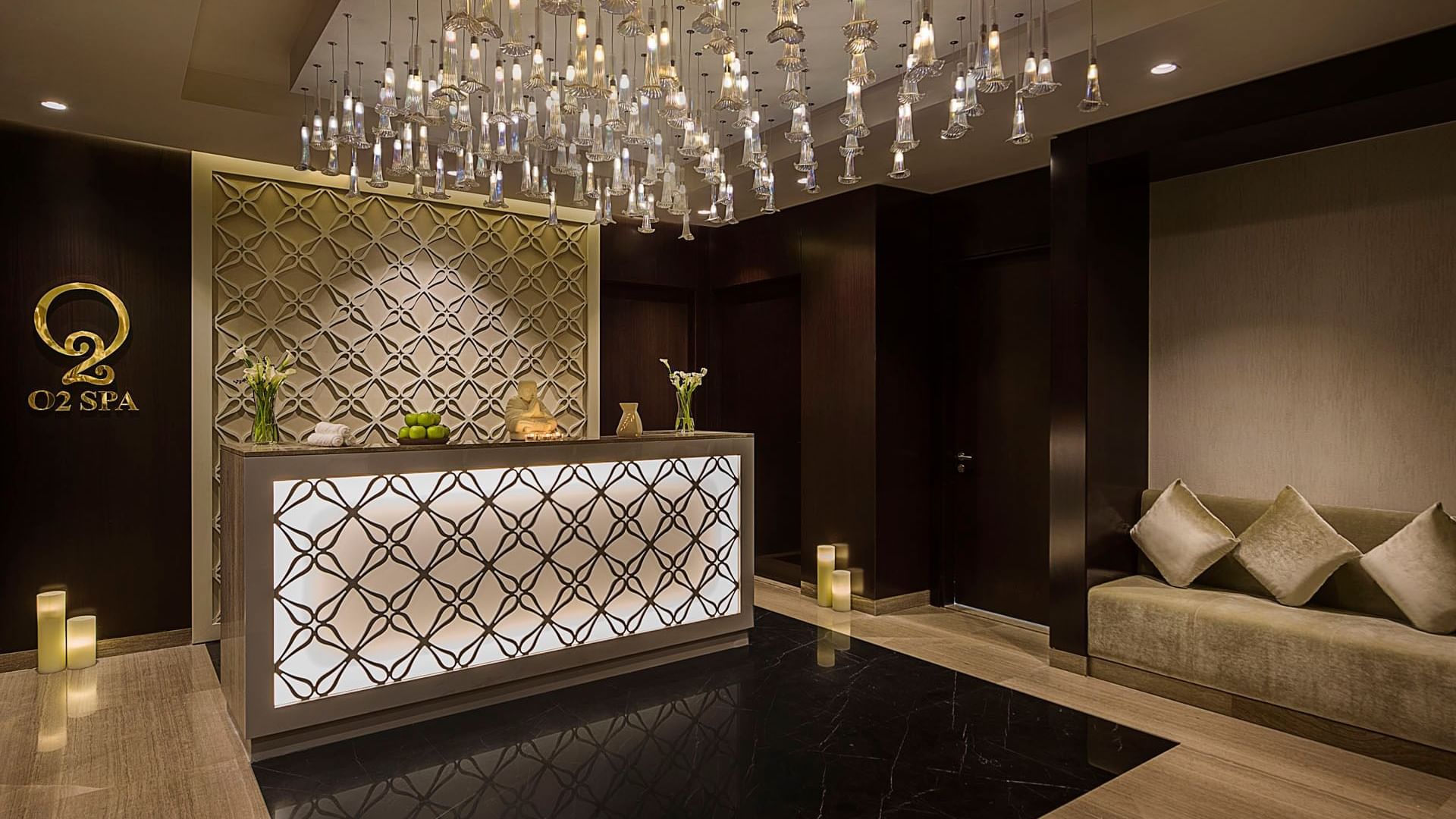 Welcome receptionist counter area in The Distinction Spa Relaxation at DAMAC Maison Distinction