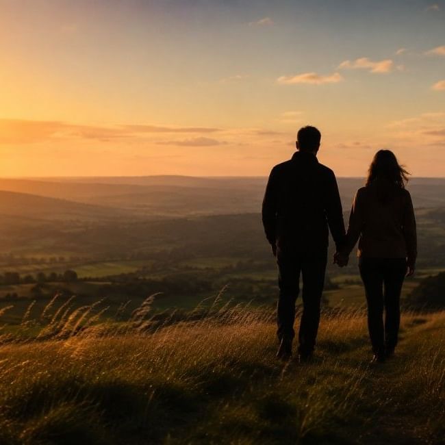 Couple holding hands watching sunset over rolling countryside hills with golden grassland in foreground.