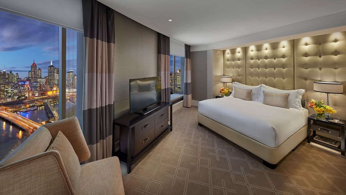 Bed & furniture in Premier Club Suite at Crown Hotel Melbourne