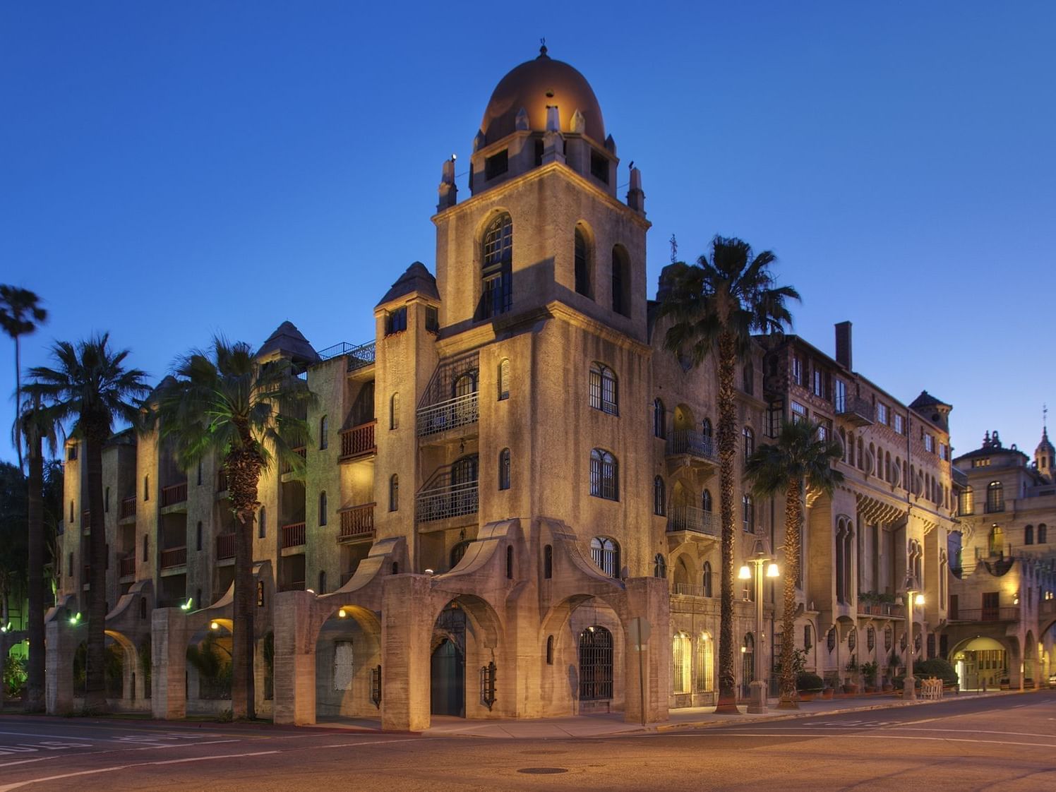 Exterior of the hotel at evening at Mission Inn Riverside