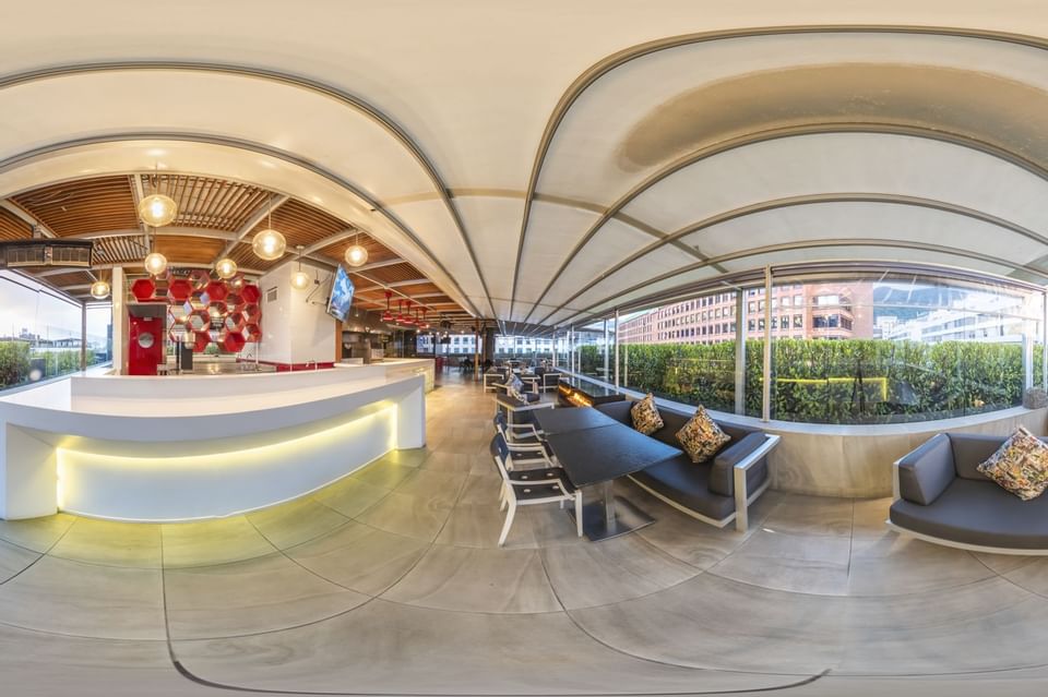 Panoramic view of interior of resturant at Blue Doors Hotels