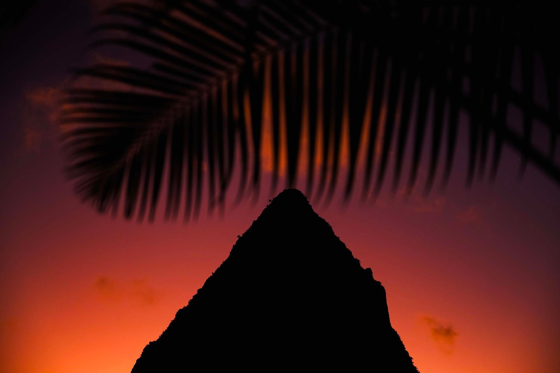 Distant view of the mountain in Gros Piton at sunset near Ladera Resort