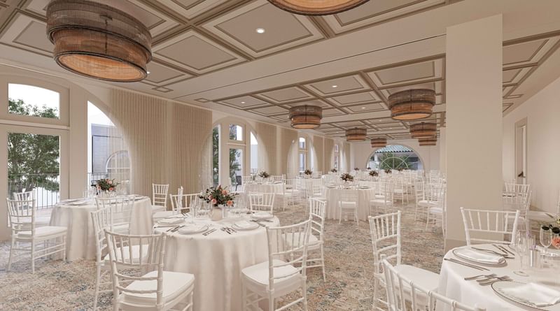 Set up banquets under the stylish chandeliers in the Terraza Ballroom at El Prado Hotel