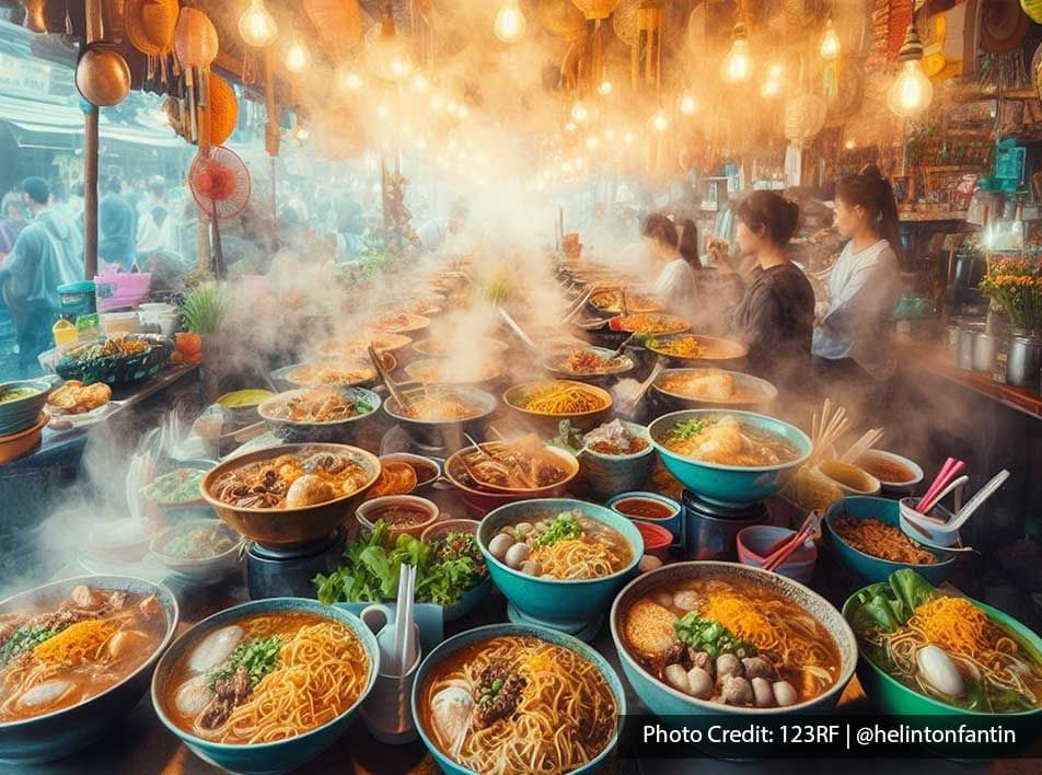 Street food market with many bowls of noodles and soups - Lexis Port Dickson